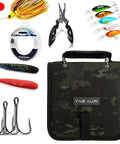 Fishing Tackle Binder Lure Storage Bag with hooks, lures, soft baits, and pliers, black camouflage, 9.5 x 8.3 inches