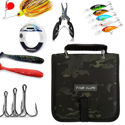 Fishing Tackle Binder Lure Storage Bag with hooks, lures, soft baits, and pliers, black camouflage, 9.5 x 8.3 inches