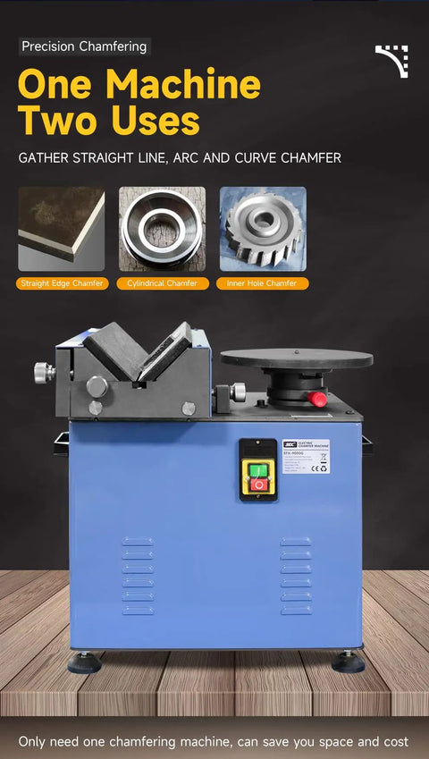 Workhorse High Speed Electric Arc Chamfering Machine shows compact design for straight edges, arcs, and curves, ideal for metal fabrication.