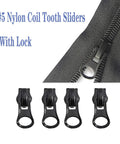 Universal Size 5 Zipper Slider Replacement Kit With 12 Sliders In Black Bronze Silver For Metal Plastic And Nylon Coil Zippers On Jackets Bags And Luggage DIY Repair Fix It Fast, showing nylon coil zipper with lock.