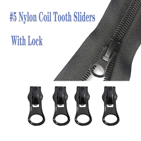 Universal Size 5 Zipper Slider Replacement Kit With 12 Sliders In Black Bronze Silver For Metal Plastic And Nylon Coil Zippers On Jackets Bags And Luggage DIY Repair Fix It Fast, showing nylon coil zipper with lock.