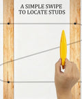 Hand using Magnetic Stud Finder, Wall Stud Detector for Drywall and Wood, 2 Pack on wooden wall to locate studs.