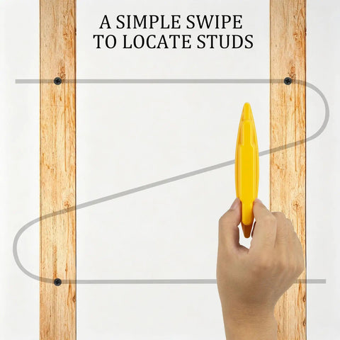 Hand using Magnetic Stud Finder, Wall Stud Detector for Drywall and Wood, 2 Pack on wooden wall to locate studs.
