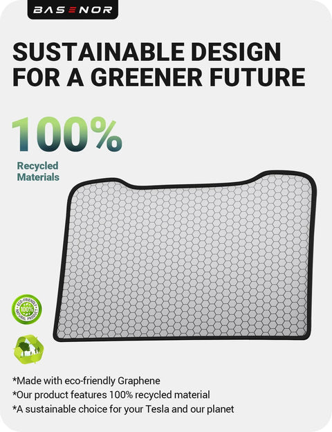 Front view of BASENOR Tesla Model Y sunshade, black foldable UV protection roof shade with hex mesh, recycled materials
