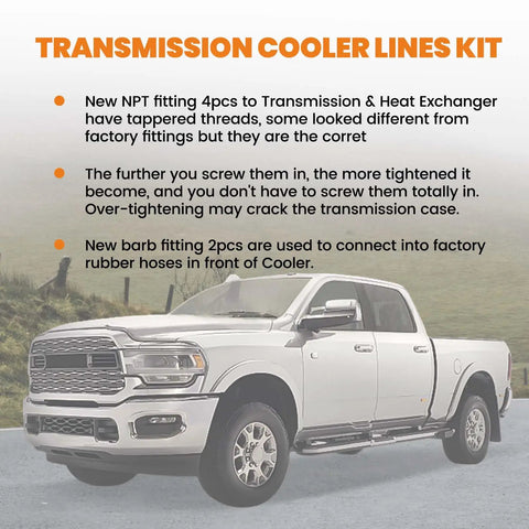 47RE Transmission Cooler Lines Kit For Dodge Ram 2500 3500 Cummins 5.9L 1996 To 2002 truck with fitting instructions