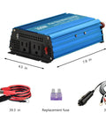 Pure Sine Wave Power Inverter 12V DC To 120V AC 300W with dimensions and components including cables and fuse, blue color.