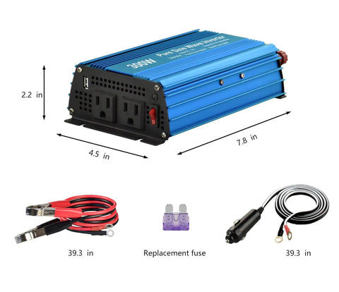 Pure Sine Wave Power Inverter 12V DC To 120V AC 300W with dimensions and components including cables and fuse, blue color.