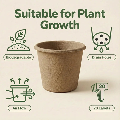 20 Pack 5 Inch Biodegradable Peat Pots With 20 Plant Labels, Drainage Holes, Breathable Nursery Pots For Seed Starting