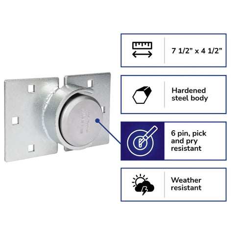 Commercial Puck Lock With Round Hasp, Solid Steel Body And Boron Steel Shackle, includes features and dimensions.
