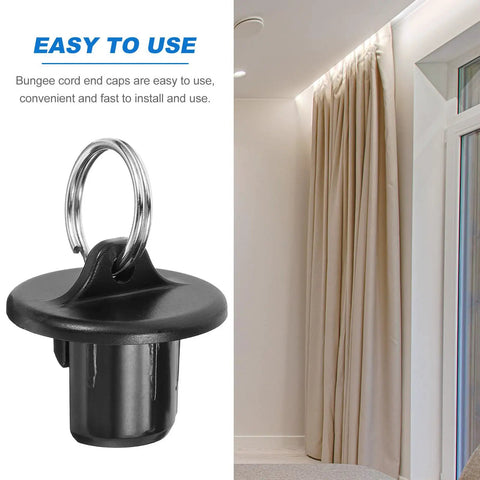 Cool Black Bungee End Caps for Deck Sunblinds And Roller Shades Fits 8 Pack With Snug Plug Install For Smart Patio Shade Systems That Stay Secure And Look Totally Fresh Without Looking Cheap Or Flimsy. Black plastic bungee end cap with metal ring, used on indoor curtain shade.