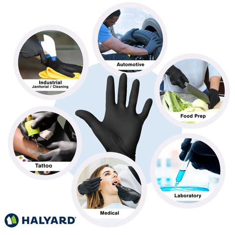Built Tough Black Nitrile Exam Gloves 5.1 Mil Heavy Duty Powder Free Disposable With Workhorse Textured Grip For Auto Detail Food Service And Industrial Shop Work Medium Box Of 100 in various uses like automotive, food prep, and medical.