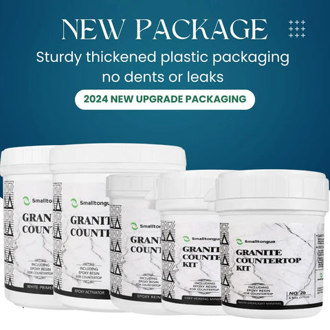 Three Step DIY Friendly Countertop Makeover Kit With White Marble Finish Epoxy Resin Topcoat packaging with new design.