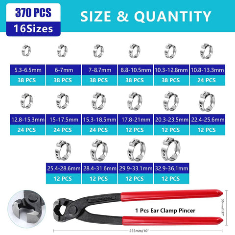 370 Piece 16 Size Single Ear Hose Clamps Set 5.3 To 36.1 mm 304 Stainless Steel Crimp Hose Clamps Assortment Kit layout
