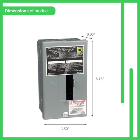 QO2L30SCP 30 Amp 2 Space 2 Circuit Indoor Main Lug Load Center dimensions with solid neutral, surface mount, gray box