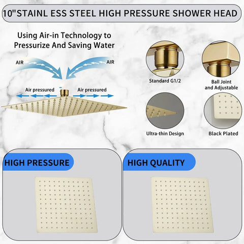 Brushed Gold Shower Faucet Set With Rough-In Valve And 10 Inch Square Stainless Steel Rainfall Shower Head, Single Function Trim Kit For Easy Install, Modern Bath Spa System With 1.75 GPM Flow
