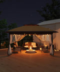 13x13 Ft Pop Up Canopy Gazebo With One Push Setup For Quick Shade Includes 4 Sand Bags Mosquito Netting Height Adjustable Sides Outdoor Backyard Party And BBQ Shelter In Khaki And Coffee, night setup with lights and furniture.