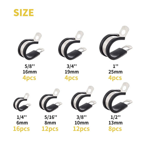60 Piece Wire Clamps Kit With Seven Sizes Stainless Steel 304 Rubber Cushioned Clamps for Wiring and Hoses size chart