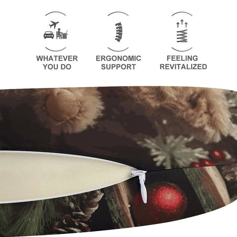 Close-up of Xmas Tree Branch Bear Doll Travel Pillow U Shaped Neck Support Pillow showing zipper and foam filling