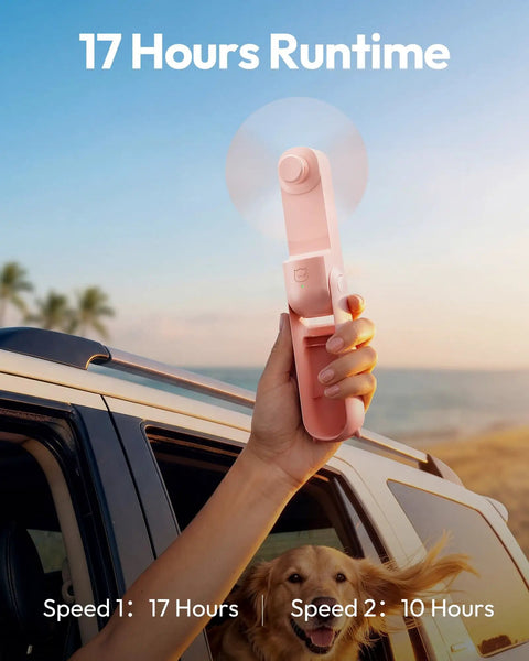 3 In 1 Portable Handheld Fan Foldable Lipstick Size USB Rechargeable Personal Cooler For Travel In Pink in outdoor scene