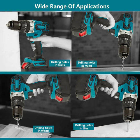 Pro Gear Brushless Cordless Drill Driver Kit With Bright Led Light And Heavy Duty Toolbox Included Quick Charge Battery For Wall Wood Metal And Tile Drilling, showcasing various applications.