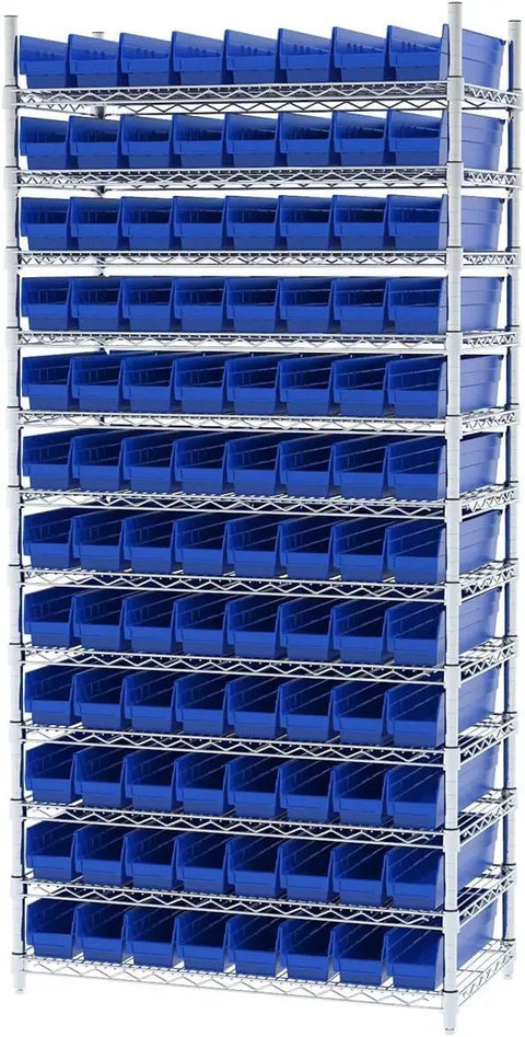 Heavy Duty Plastic Shelf Bins For Garage And Closet Organization Sturdy 18 By 4 By 4 Inch Blue Bins 12 Pack on shelving unit