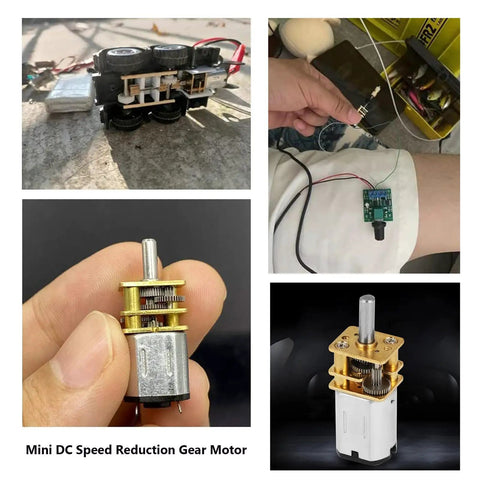 Collage featuring Compact 12 Volt High Torque Gear Motor with 3mm shaft used in robotics and DIY projects, showing varied applications.