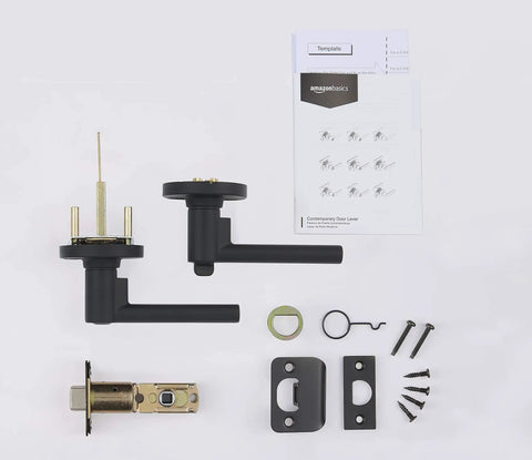 Contemporary Madison Door Lever Privacy Matte Black 1 Pack Easy Install Reversible with parts and instructions displayed.