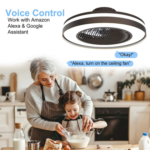 Smart Ceiling Fan With Lights Remote Control Dimmable LED Lighting 20 Inch Enclosed Bladeless Fan in kitchen with family