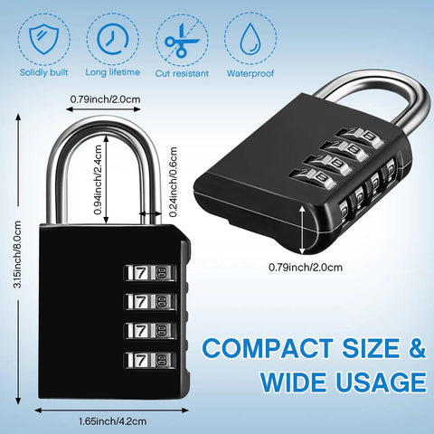 10 Pack Resettable 4 Digit Combination Lock Padlocks Waterproof Locker Locks Small Outdoor Tough As Nails Dope Combo Locks For School Gym Locker Fence Toolbox Case Gate Hasp Cabinet Storage Multicolored showing dimensions and features
