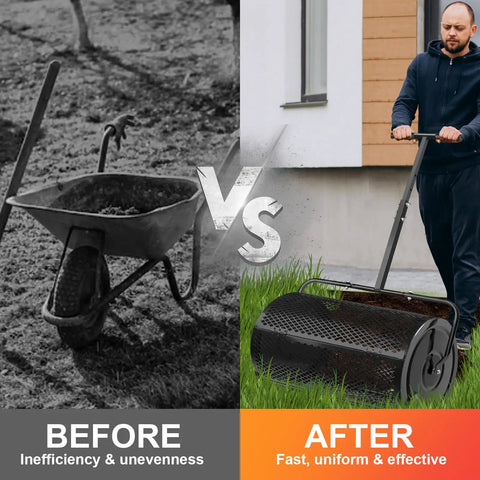 Comparison of a wheelbarrow and 24 Inch Compost And Peat Moss Spreader For Lawns And Gardens with a person using the spreader on grass.
