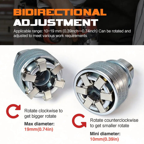 Adjustable Universal Socket Wrench With Three Eighths Inch Drive showing bidirectional adjustment for 10-19mm nuts.