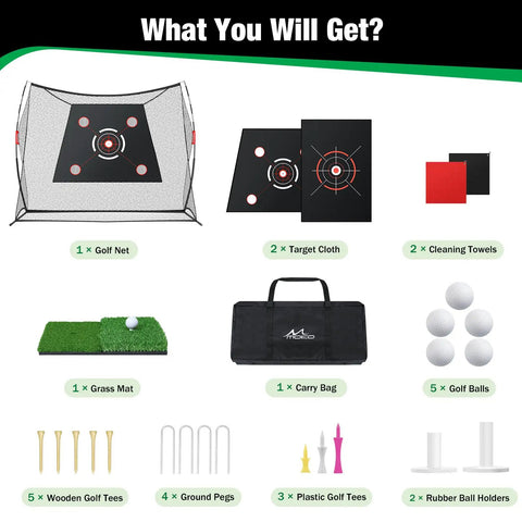 Backyard Golf Practice Net With Two Targets, 10x7ft Portable Hitting Net For Indoor Garage Or Outdoor Use, set components displayed.