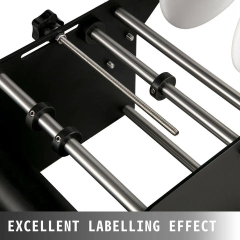 Close-up of VFLDKRQAWYS MT-30 Semi-Automatic Bottle Labeling Machine For Plastic Glass Metal Round Cylinders showing sturdy stainless steel rollers.