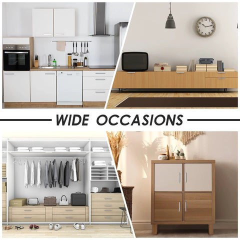 Collage showing kitchen, living room, wardrobe, and cabinet with "Wide Occasions" text, for 50 Pack 6 Inch Brushed Stainless Steel Cabinet Pulls.