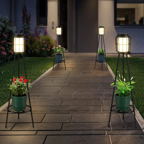 Dope Solar Outdoor Floor Lamp With Plant Stand 2 Pack Waterproof Metal Garden Lights illuminating a walkway