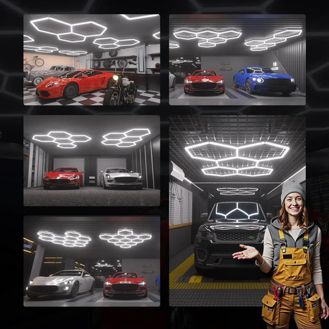 Various creative garage installations using Hexagon LED Lights Power Cable With Switch Exclusively Compatible With Hexagon LED Panels.