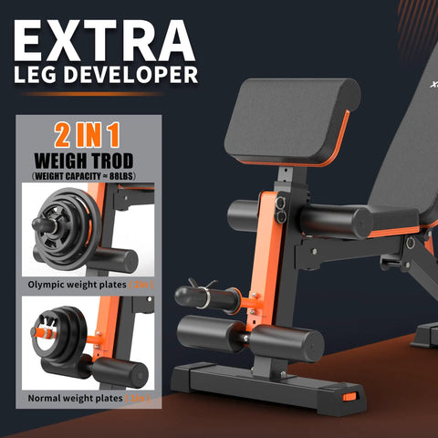 Adjustable Weight Bench With 1000 Lbs Capacity featuring leg developer attachment, heavy duty foldable home gym bench.
