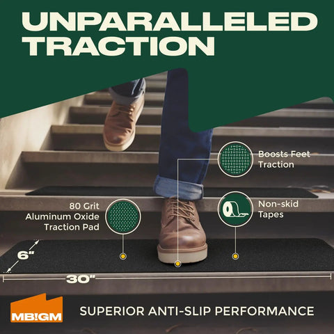 Person stepping on 12 Pack 6 By 30 Inch Pre Cut Stair Treads With Heavy Duty Adhesive Non Slip Rubber Traction Strips For Outdoor Stairs