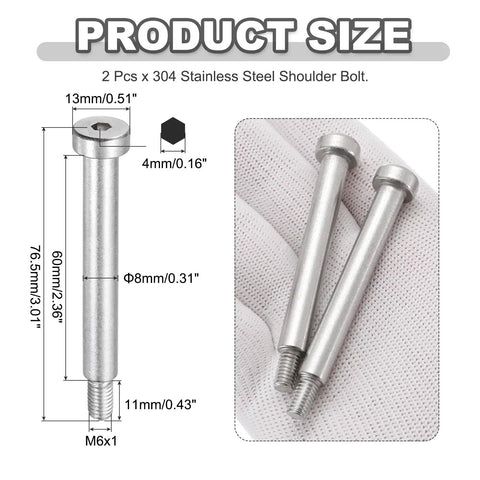 Two Pack 304 Stainless Steel Hex Socket Shoulder Bolts, 8mm Shoulder Diameter, 60mm Shoulder Length, M6x1 Thread, displayed in hand