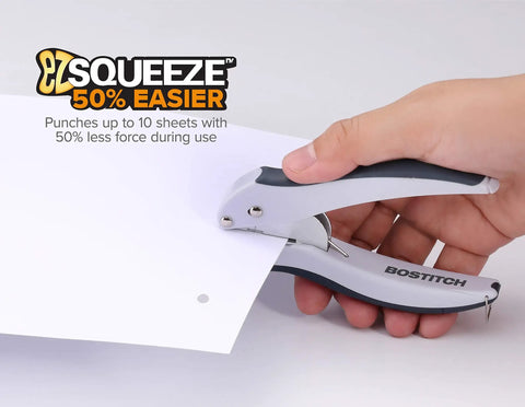 Hand using EZ Squeeze One-Hole Paper Punch, ergonomic grip, gray and blue finish, punches through 10 sheets with 50% less force