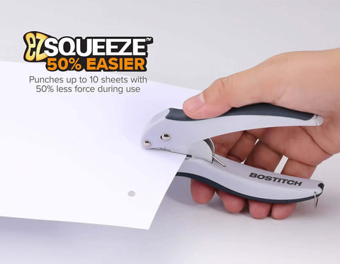 Hand using Pack Of 5 EZ Squeeze One-Hole Punch Set With 10 Sheet Capacity, lightweight gray blue workhorse on paper