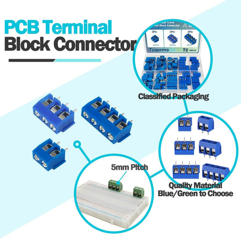 72 Piece Blue PCB Screw Terminal Block Connector Set With 5mm Pitch 2 Pin 3 Pin 4 Pin For Circuit Boards 300V 10A 26 To 14 AWG