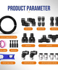Product components for 3/8 Inch Air Line Kit With 32.8 Ft PU Tubing For Home Shop Compressors, includes fittings and tools.