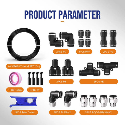 Product components for 3/8 Inch Air Line Kit With 32.8 Ft PU Tubing For Home Shop Compressors, includes fittings and tools.