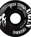 Black 52mm skateboard wheel with 'The Wolf Ugly Wheels' design, text reading 'Come From America' visible.