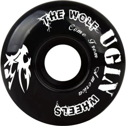 Black 52mm skateboard wheel with 'The Wolf Ugly Wheels' design, text reading 'Come From America' visible.