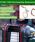 Front view of Mr Heater Portable Buddy space heater with red trim and protective grille; inset pilot assembly parts