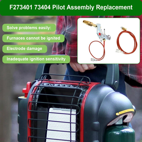 Front view of Mr Heater Portable Buddy space heater with red trim and protective grille; inset pilot assembly parts