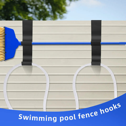 Heavy Duty Black Pool Fence Hooks Set Of 2 Slip On Hangers for pool poles and equipment on railing holding accessories.