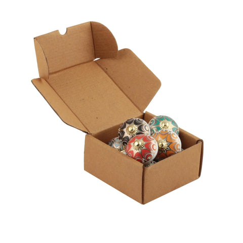 Decorative Colorful Ceramic Drawer Knobs Pack of 10 for Cabinets and Dressers in open box, showing assorted colors and patterns